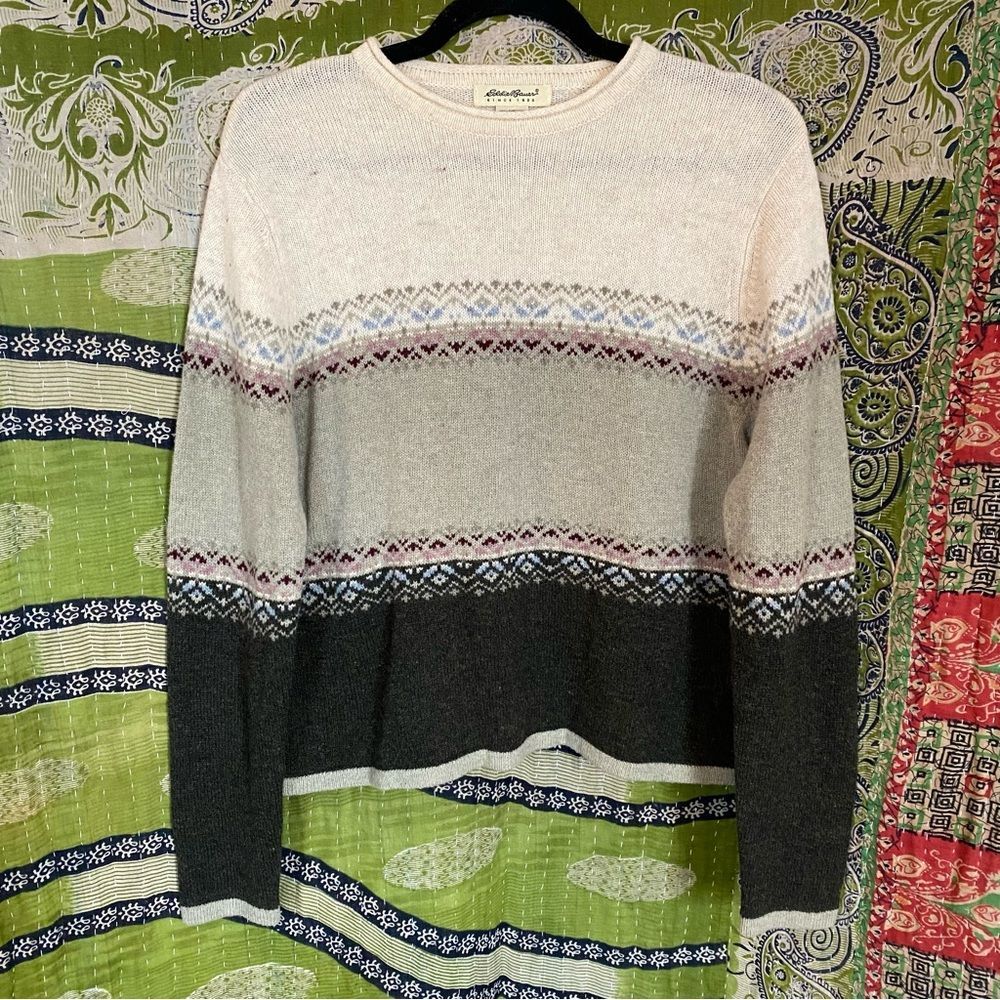 Vintage 90's Eddie Bauer Cream/ Gray Fair Isle Lambswool Sweater Size Medium